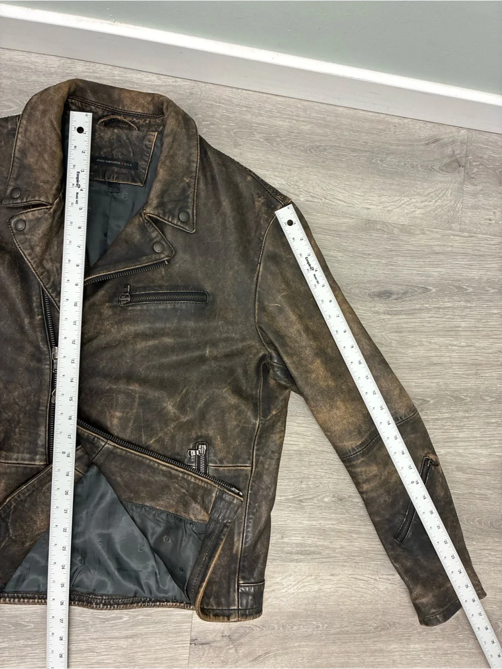 John Varvatos Distressed Leather Biker Jacket Large